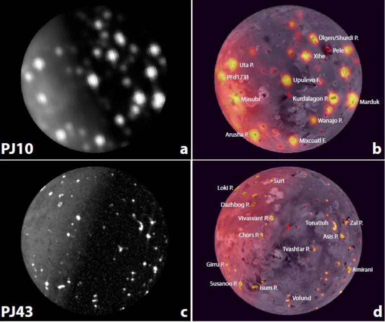 This figure from the research shows four images of Io from JIRAM. Two are from perijove 10 and show the south polar region at a resolution of 112 km/pixel (a & c.) The other two (c & d) are from perijove 43 and show the north polar region at a resolution of 21 km/pixel. Image b and d are JIRAM data overlain on Galileo/Voyager images. This new data from Io's poles is critical to understanding the moon's nature. Image Credit: Davies et al. 2023.