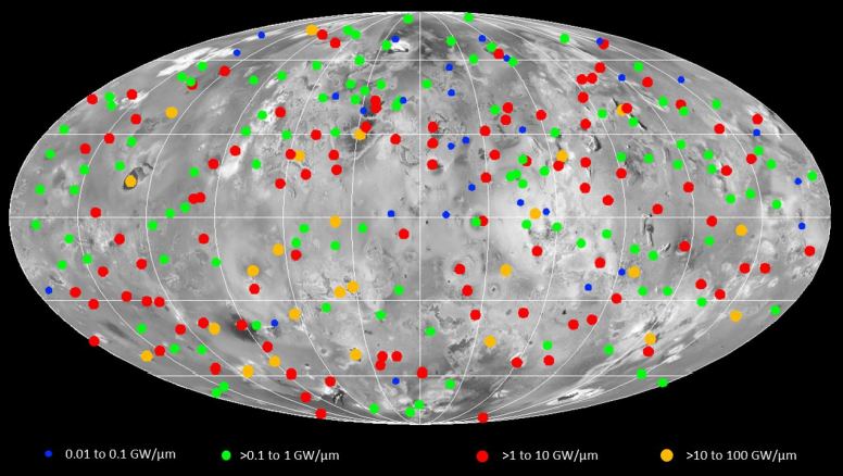 This figure from the research shows the hot spot detections. They range in colour and size from blue up to yellow. Each increasing size and corresponding colour indicates greater spectral radiance. Image Credit: Davies et al. 2023.