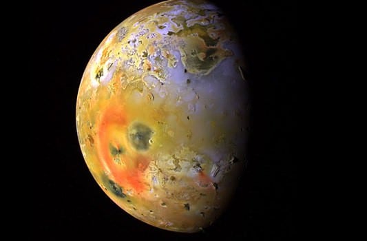 Juno isn't the only spacecraft to have visited Jupiter's moon Io. This global view of Io was obtained during the tenth orbit of Jupiter by NASA's Galileo spacecraft. It's a false colour image that highlights differences on Io's surface. Image Credit: NASA