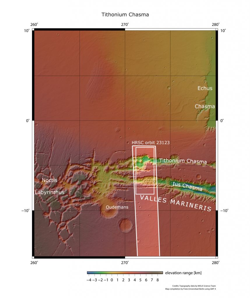 This mapped image shows Ius and Tithonium Chasmata, which the orbiter imaged in April. These two areas form part of Mars’ Valles Marineris canyon structure. The area outlined by the bold white box indicates the area imaged by the Mars Express High Resolution Stereo Camera on 21 April 2022 during orbit 23123. Courtesy, Mars Express/NASA/MGS/MOLA Science Team