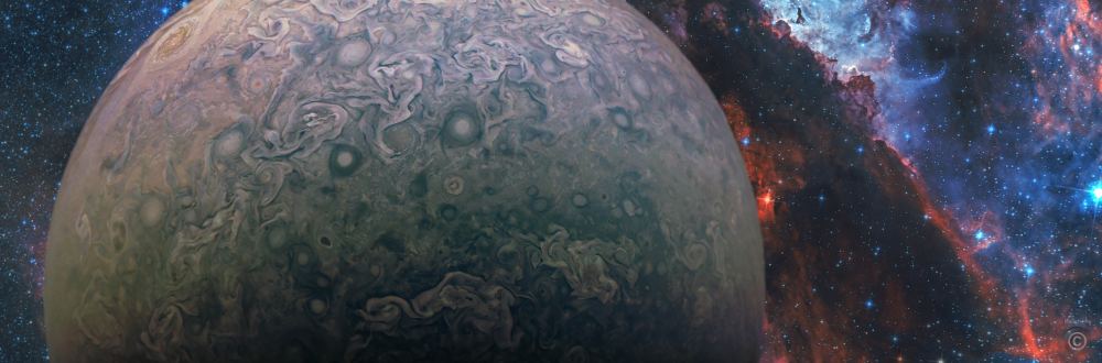 Jupiter PJ24 Folded Filamentary Region with part of the Carina Nebula in the background for an artistic touch (Carina imaging credit David Marriott). David Marriott © CC BY 3.0