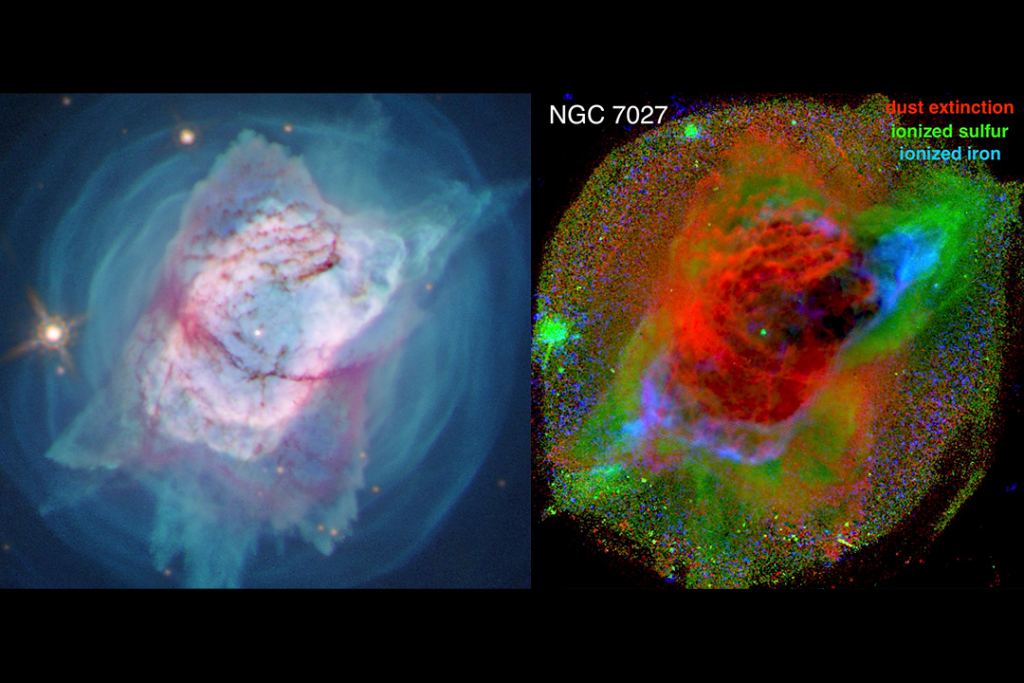On the left is an image of the Jewel Bug Nebula (NGC 7027) captured by the Hubble Space Telescope in 2019 and released in 2020. Further analysis by researchers produced the RGB image on the right, which shows extinction due to dust, as inferred from the relative strength of two hydrogen emission lines, as red; emission from sulfur, relative to hydrogen, as green; and emission from iron as blue. Image Credit: STScI, Alyssa Pagan; P. Moraga (RIT) et al.