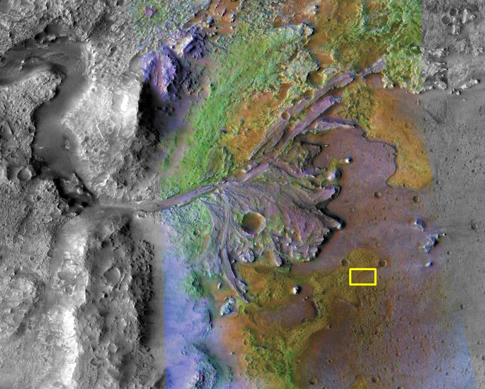 This image of Jezero Crater shows the river channel that flowed into the crater. The yellow rectangle is where the Perseverance Rover landed, and the different colours represent different minerals. Image Credit: NASA/MRO/UA/CRISM