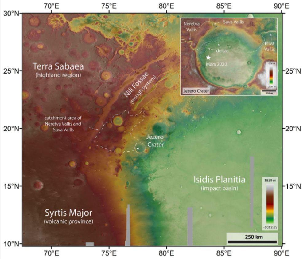 This image is a topographic map of the region around Jezero Crater, where the Perseverance Rover is searching for fossilized evidence of ancient life. The terrain dates back to the Noachian Period when surface water was likely abundant. Image Credit: ESA/DLR/FU CC BY-SA 3.0 IGO