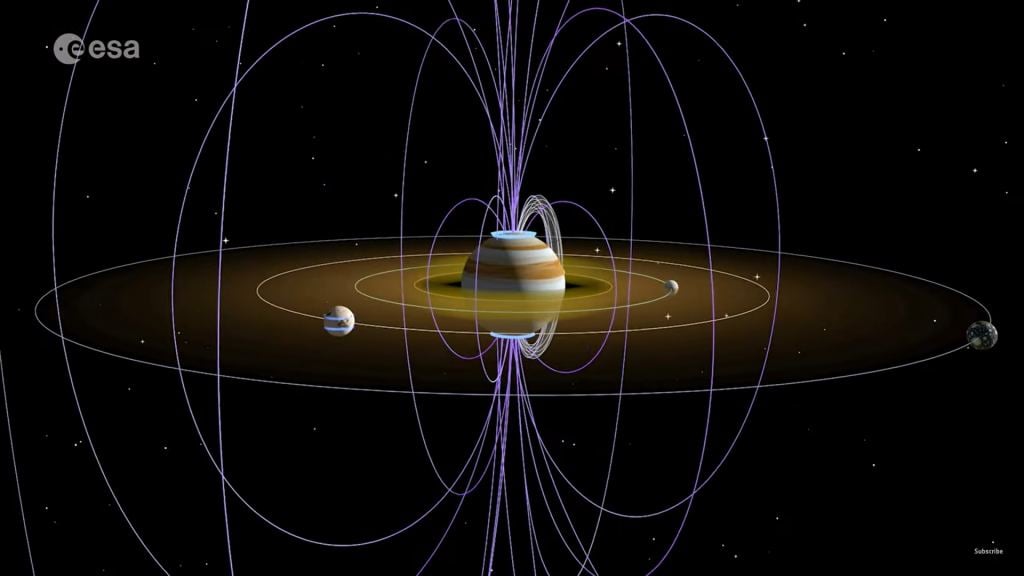 This illustration shows Jupiter's powerful magnetic field and the four Galilean moons. Image Credit: ESA.
Licence: ESA Standard Licence