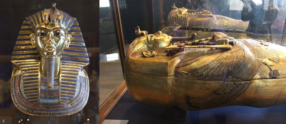 The ancients treasured gold, but they couldn't have guessed at its origins. King Tut's mask (l) and his inner coffin. The inner coffin is solid gold and weighs almost 243 pounds. Image Credits: Mask: By Roland Unger - Own work, CC BY-SA 3.0, https://commons.wikimedia.org/w/index.php?curid=48168958. Inner Coffin: Egyptian Museum, Cairo.