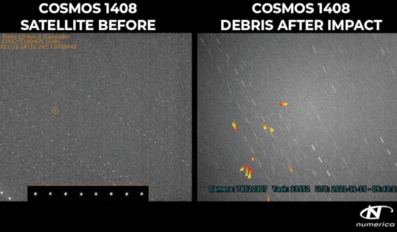 This image shows the Kosmos-1408 satellite before and after an impact from a Russian anti-satellite test on 15 November, 2021. Image: Numerica Corporation