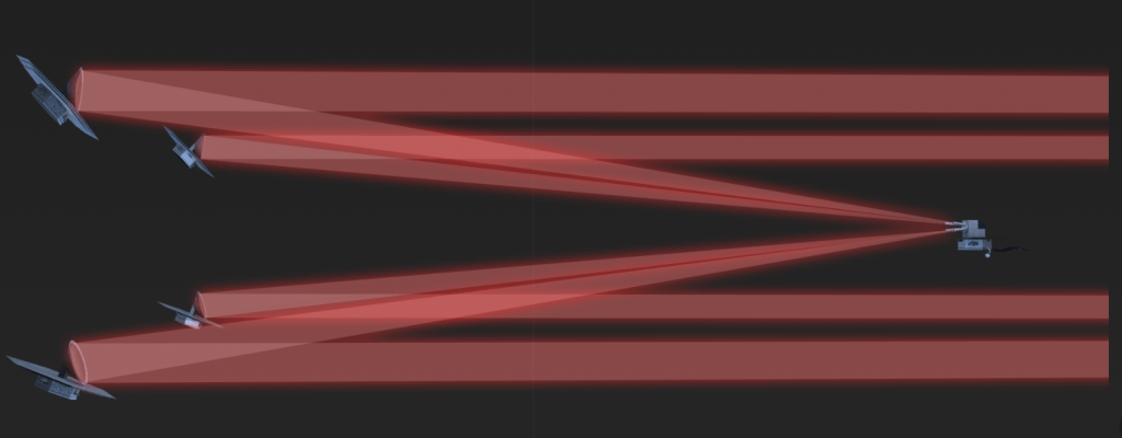 This artist's illustration shows LIFE's four telescopes and its central unit acting as an interferometer. Interferometers create a large and powerful