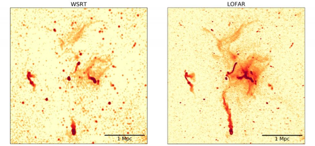 The WSRT image of Abell 225 on the left, and the LOFAR image of the same on the right. Image Credit: Pizzo et al. (2009) – WSRT; Botteon et al. (2020) – LOFAR.