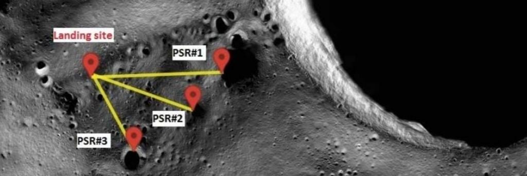 An image from the PHILIP study, showing the mission's landing site, and three PSR's, Permanently Shadowed Regions, between de Gerlache and Shackleton craters. The edge of Shackleton Crater is the dark area on the right. Image Credit: ESA/Leonardo