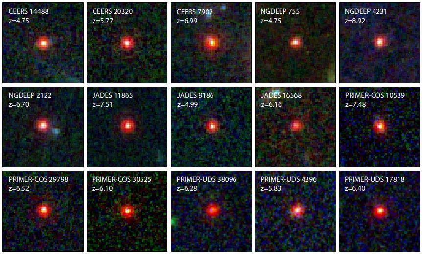 These images from the research show a subset of the 341 Little Red Dots from the various surveys. Image Credit: Kocevski et al. 2024.