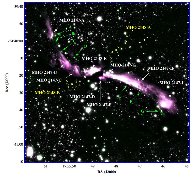 This is a composite image of MHO 2147 obtained with GSAOI/GEMINI.MHO 2147 is more continuous than the knotted MHO 1502, but it still has some knotted morphology. The white arrows mark the position of the different knots associated with MHO 2147. There's another adjacent jet in the region designated Ad-jet which isn't part of the same structure. Ad-jet's knots are shown with green arrows. Image Credit: Ferrero et al. 2021
