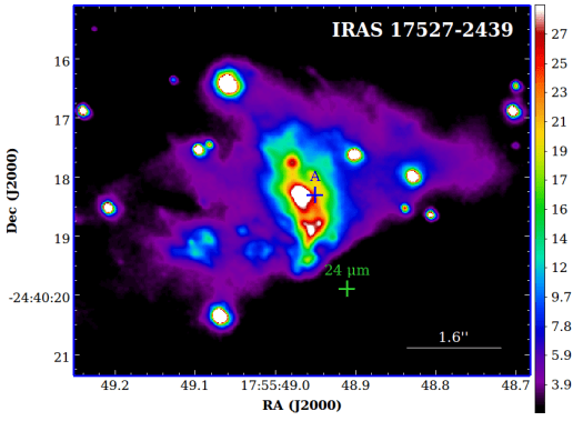 This image from the study is centred on the driving star that's the source of MHO 2147. The blue and green crosses mark the location of ‘source A’ and a bright source at 24 µm, respectively. There's a lot of uncertainty around MHO 2147's source, but it may be a triple-star system. Image Credit: Ferrero et al. 2021
