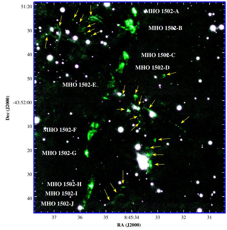 This is a composite image of MHO 1502 obtained with GSAOI/GEMINI. The K-band filter is shown in magenta and the H2-band filter is in green. The yellow arrows indicate H2 emissions adjacent to the MHO 1502 jet. They lie in the visual field and are unlikely to be associated with this jet. Image Credit: Ferrero et al. 2021