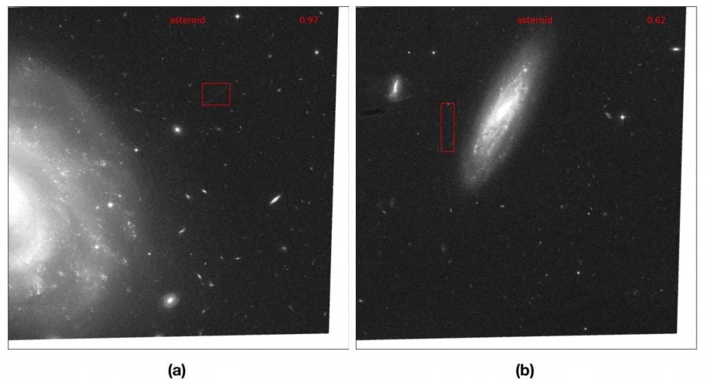 This image from the paper shows two asteroids found in Hubble images by the team's machine learning tool, called Auto ML. The red numbers in the upper right corners are Auto ML's confidence classifications for each image. Image Credit: Hubble Asteroid Hunter