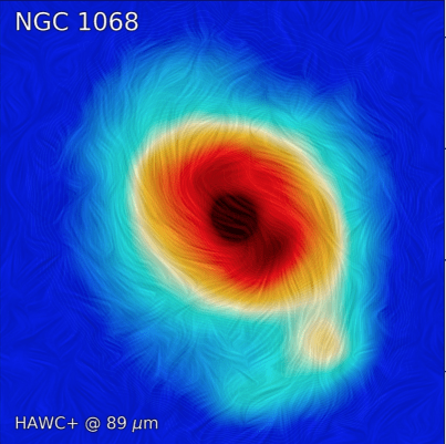 Total flux (color scale) image at 89 µm with overlaid streamlines of the inferred magnetic field morphology. The magnetic field morphology is inferred because it's assumed to be perpendicular to the dust grains seen by SOFIA. Image Credit: Lopez-Rodriguez et al 2019.