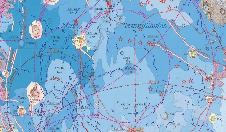 This screenshot is a zoomed-in look at the Mare Tranquillitatis and gives a good representation of the detail on the map. The red stars are volcanic vents. Image via Science Bulletin/Research Gate