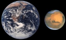 Are Earthlings really Martians ? Did life arise on Mars first and then journey on meteors to our planet and populate Earth billions of years ago? Earth and Mars are compared in size as they look today.