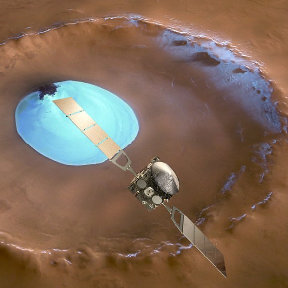 Mars Express over water-ice crater. ESA Celebrates 10 Years since the launch of Mars Express. This artists concept shows Mars Express set against a 35 km-wide crater in the Vastitas Borealis region of Mars at approximately 70.5°N / 103°E. The crater contains a permanent patch of water-ice that likely sits upon a dune field – some of the dunes are exposed towards the top left in this image. Copyright ESA/DLR/FU-Berlin-G.Neukum