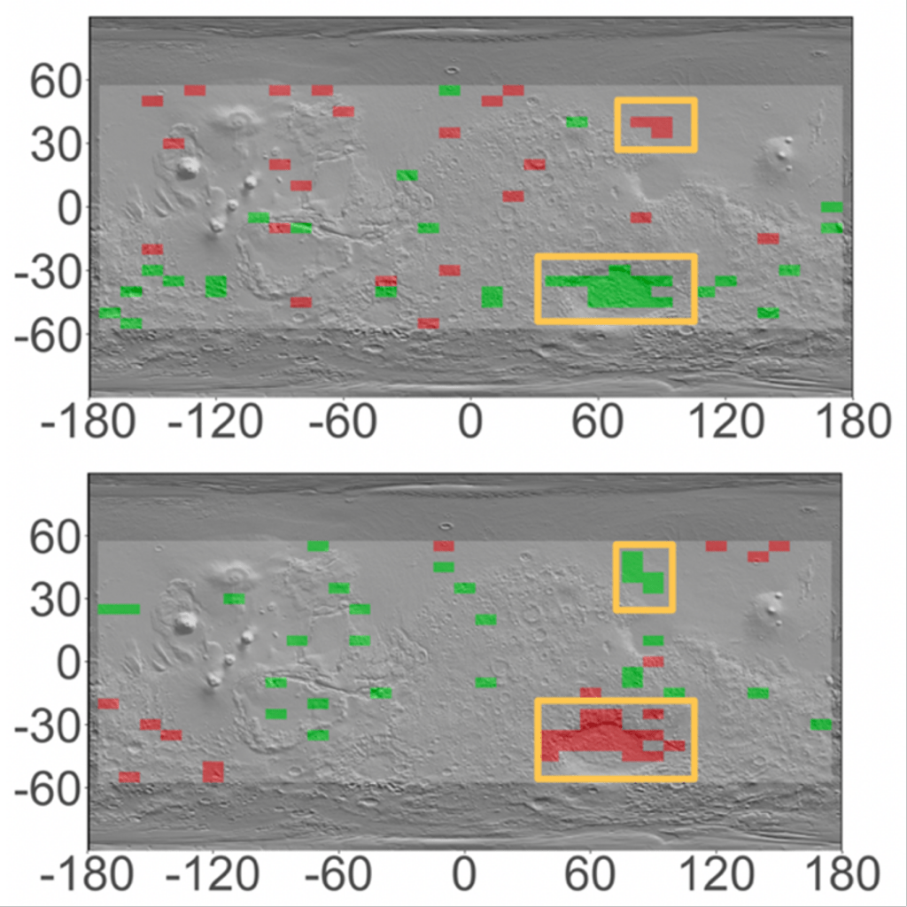 Map of Mars highlighting significant seasonal variations in surface hydrogen levels.