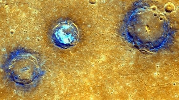 Enhanced-color image of Munch, Sander and Poe craters amid volcanic plains (orange) near Caloris Basin NASA/Johns Hopkins University Applied Physics Laboratory/Carnegie Institution of Washington