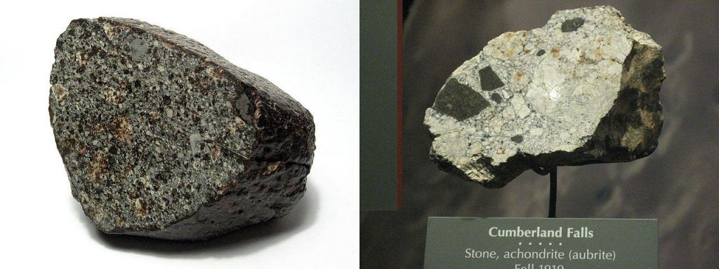 Two types of meteorites: on the left is the NWA 869 meteorite, a chondrite. On the right is the Cumberland Falls meteorite, an achondrite. Their appearances are much different. Image Credit: Left: By H. Raab (User:Vesta) - Own work, CC BY-SA 3.0, https://commons.wikimedia.org/w/index.php?curid=226918. Image Credit: Right: By Claire H. - originally posted to Flickr as Stone Achondrite (Aubrite) Meteor, CC BY-SA 2.0, https://commons.wikimedia.org/w/index.php?curid=10389394
