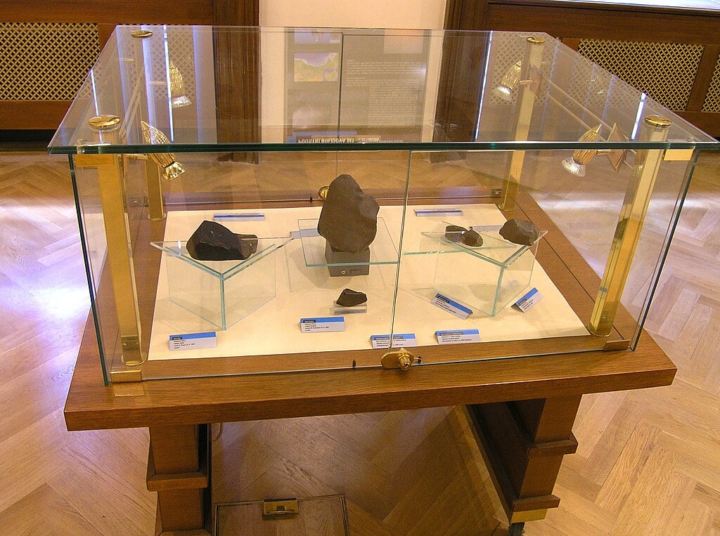 Meteorites Príbram and Morávka, on display in Prague. Courtesy Packa, CC BY-SA 3.0.