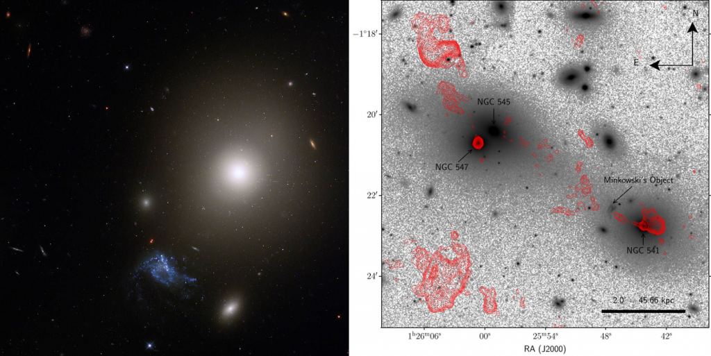 This image shows two views of Minkowski's Object. On the left is a Hubble image showing MO in blue. The elliptical galaxy NGC 541 is above and to the right. A jet coming from NGC 541's black hole is powering star formation in Minkowski's Object. Image Credit: (L) NASA, ESA, and S. Croft (Eureka Scientific Inc.); Image Processing: Gladys Kober (NASA Goddard/Catholic University of America). (R) Sloan Digital Sky Survey/H. R. M. Zovaro et al.