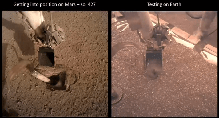 The Mole instrument stalled in its hole on Mars, and the Mole at a test-bed here on Earth. All of the approaches to getting HP3 to work are tested here on Earth before being tried on Mars. Image Credit: NASA/DLR/Banerdt
