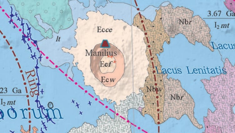 Zoom in on almost any spot on the map and an enormous amount of detail is available. The blue lines are wrinkle ridges, and the red truncated triangle outlined in blue indicates pure anorthosite. Image via Science Bulletin/Research Gate