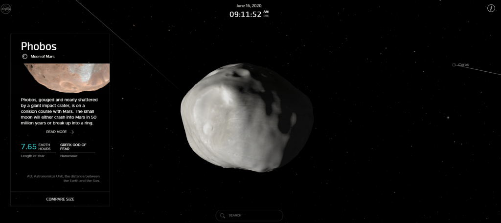 You can explore Phobos, and other planets, moons, and spacecraft, in NASA's interactive orrery Eyes on the Solar System. Image Credit: NASA