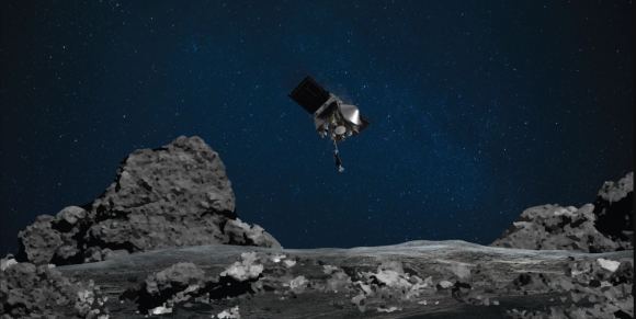 Artist concept of NASA’s OSIRIS-REx spacecraft as it readies itself to touch the surface of asteroid Bennu. This mission is an early precursor to possible asteroid mining.
Credits: NASA/Goddard/University of Arizona