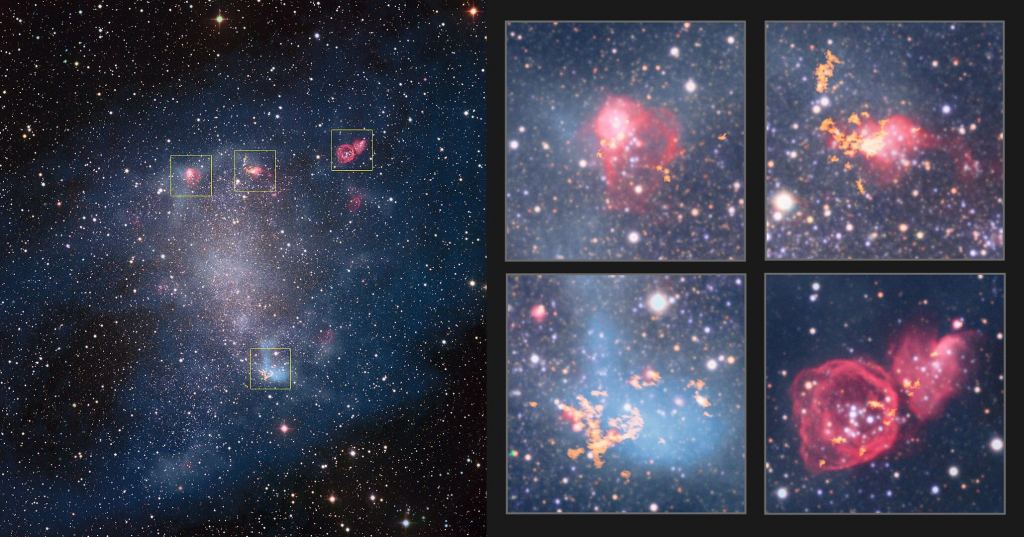 Prior to the JWST's mission, this was the type of image we had of NGC 6822. The image on the left is from the 2.2-meter MPG/ESO telescope, with star-forming regions in yellow boxes. On the right are ALMA images of each region. Needless to say, there's a dramatic difference between these images and the JWST's images. Image Credit: By ESO, ALMA (ESO/NAOJ/NRAO)/A. Schruba, VLA (NRAO)/Y. Bagetakos/Little THINGS - https://www.eso.org/public/images/potw1711a/, CC BY 4.0, https://commons.wikimedia.org/w/index.php?curid=57062248