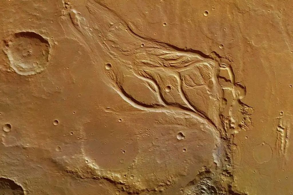 This is Osuga Valles, a complex set of fluvial channels in the vicinity of Valles Marineris on Mars. Several episodes of rapidly flowing water carved the channels. Image Credit: ESA/DLR/FU Berlin