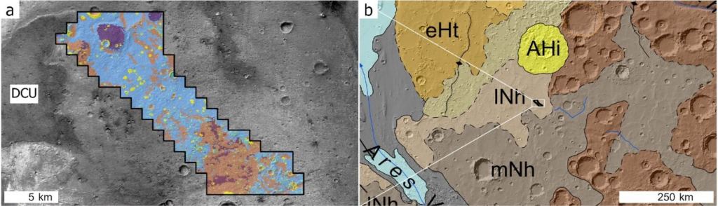 This isn't the first geological map of the Martian surface. But as this comparison shows, the new map (left) is much more detailed than previous ones (right.) The map on the right is a global geological map that labels the entire landing region as lNh, or late Noachian highlands. Image Credit: L: Fawdon et al. 2024. R: Tanaka et al. 2014.