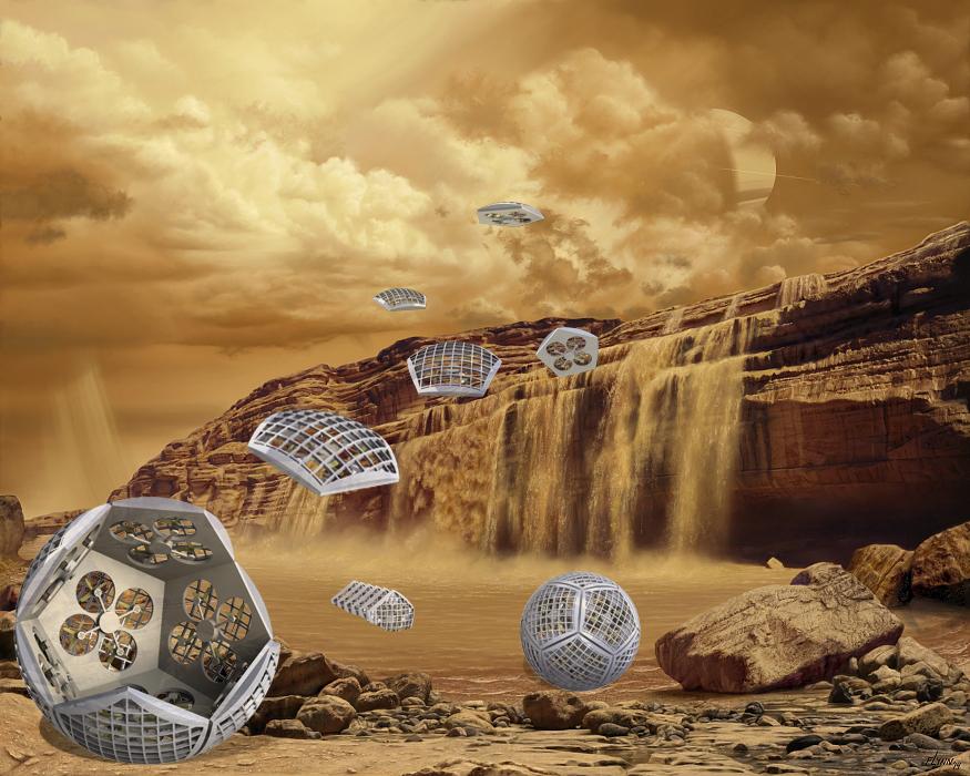 In this artist's illustration of how Shapeshifter might work on Titan, the robot splits into individual robots that can investigate a waterfall from the air. Image Credit: NASA/JPL-Caltech/Marilynn Flynn