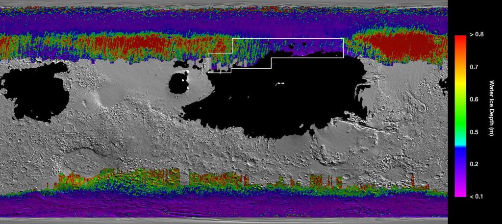 This rainbow-colored map shows underground water ice on Mars. Cool colors represent less than one foot (30 centimeters) below the surface; warm colors are over two feet (60 centimeters) deep. Sprawling black zones on the map represent areas where a landing spacecraft would sink into fine dust. The outlined box represents the ideal region to send astronauts for them to be able to dig up water ice. Image Credit: NASA/JPL-Caltech/ASU