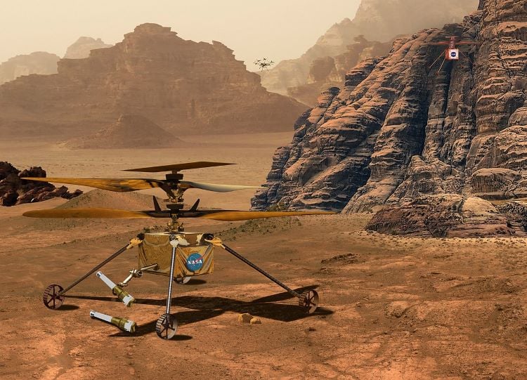 Artist illustration of three solar-powered Mars helicopters from NASA: Ingenuity (upper right), along with the proposed design for a Sample Recovery Helicopter to be used on the future NASA-ESA Mars Sample Return Mission (foreground) and a concept for a future Science Helicopter (upper center). Image Credit: NASA/JPL-Caltech