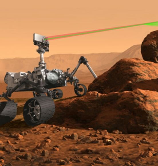 An artist's illustration of Perseverance firing its laser. Image Credit: Thales