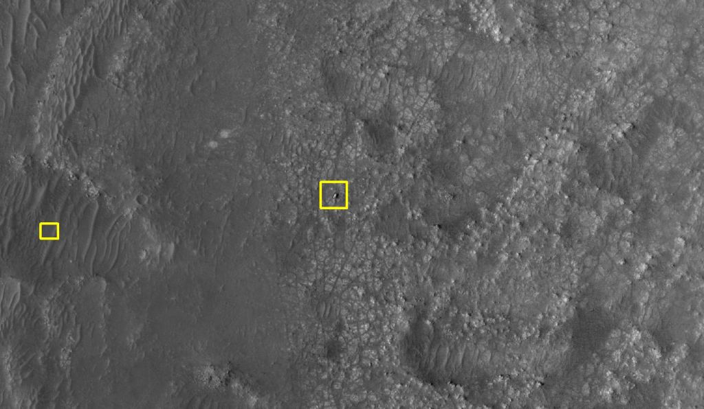 The larger yellow square shows Perseverance's location and the smaller yellow square is where Ingenuity is sitting. Image Credit: NASA/JPL-Caltech/UArizona.