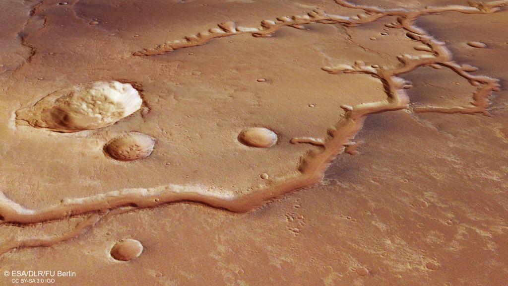 A perspective view of Nirgal Vallis. Notice the rounded, circular ends of the tributaries, called amphitheatre-headed valleys. Image Credit: Copyright ESA/DLR/FU Berlin, CC BY-SA 3.0 IGO