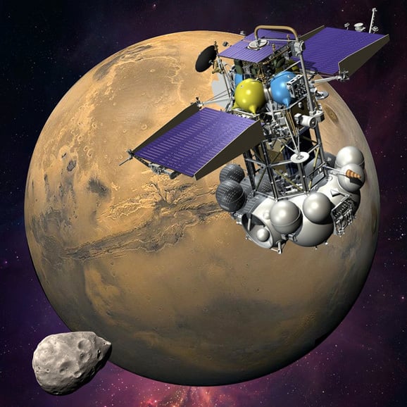 Poster art for the Russian Phobos-Grunt mission. Russia blamed foreign sabotage for the mission's failure, with no evidence. Russian Federal Space Agency)/IKI