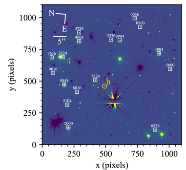 A 2017 Hubble image of the HD 106906 system. HD 106906 b is labelled as the yellow circle. Other stars are from the ESA's Gaia mission Data Release 2, each one labelled with the last four numbers of its ID. Image Credit: Nguyen et al, 2020.