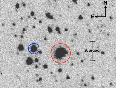 An image taken by SARA-CT (Southeastern Association for Research in Astronomy-Cerro Tololo) in Chile. The image is from about 7.5 hours before the occultation. Pluto is circled in blue, and the star UCAC2 139-209445 is shown in a red circle. Image Credit: Person et al, 2020