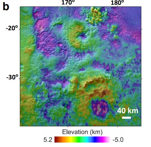 This image is a topographical image of the region in the study. Piccard Mons and Wright Mons are clearly visible. Image Credit: Singer et al. 2022.