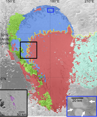 A simple geological map showing bright N2 ice plains (red), dark N2 ice plains (blue), mountains and hills lining the western rim of Sputnik Planitia (green), and bright pitted uplands of east Tombaugh Regio (cyan). Yellow line maps the continuous boundary between the bright and dark plains, as well as the northern boundary of the bright pitted uplands. Black box indicates the location of features in Sputnik Planitia interpreted as wind streaks, as mapped in purple in the inset. Blue box and white arrows indicates the location of dark troughs, possibly filled with dark materials. Image Credit: Bertrand et al 2020
