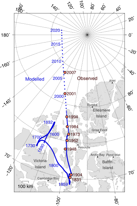 The Earth's magnetic poles drift around in relation to the geographic poles. The drift is caused by variations in the flow of the Earth's liquid core. Image Credit: By Cavit - Own workObserved pole positions taken from Newitt et al.,