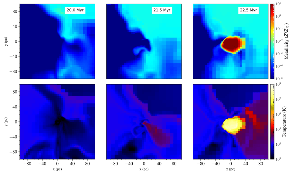 This figure from the research shows metallicity (top) and temperature (bottom) slices from the simulations, showing a 200 solar mass star forming and then exploding as a supernova. The left panels are right before the star forms, the middle panels are 1.5 myr after the formation, and the right panels show 0.5 myr after the star's death. After it exploded, it formed a supernova remnant of hot and metal-rich ejecta. The metals in the ejecta would've contributed to cooling the gas, encouraging more rapid formation of the next generation of Pop II stars. Image Credit: Chen et al. 2024.