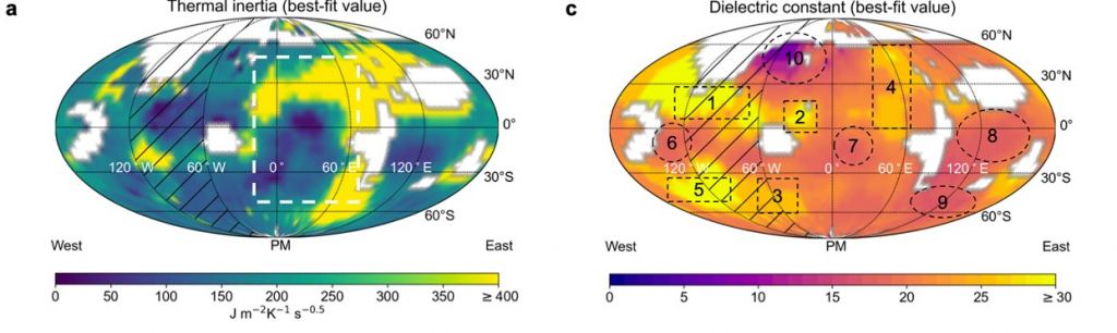 This figure from the study shows the thermal inertia (L) and dielectric constant (R) of 16 Psyche's surface as measured by ALMA. Image Credit: Cambioni et al. 2022.