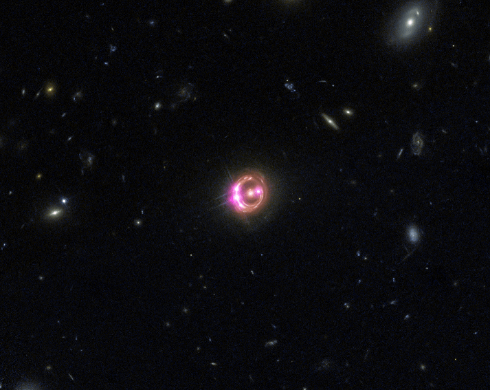 This image shows the quasar RX J1131-1231 imaged by NASA's Chandra X-ray Observatory and the Hubble Space Telescope. Credit: X-ray: NASA/CXC/Univ of Michigan/R.C.Reis et al; Optical: NASA/STScI